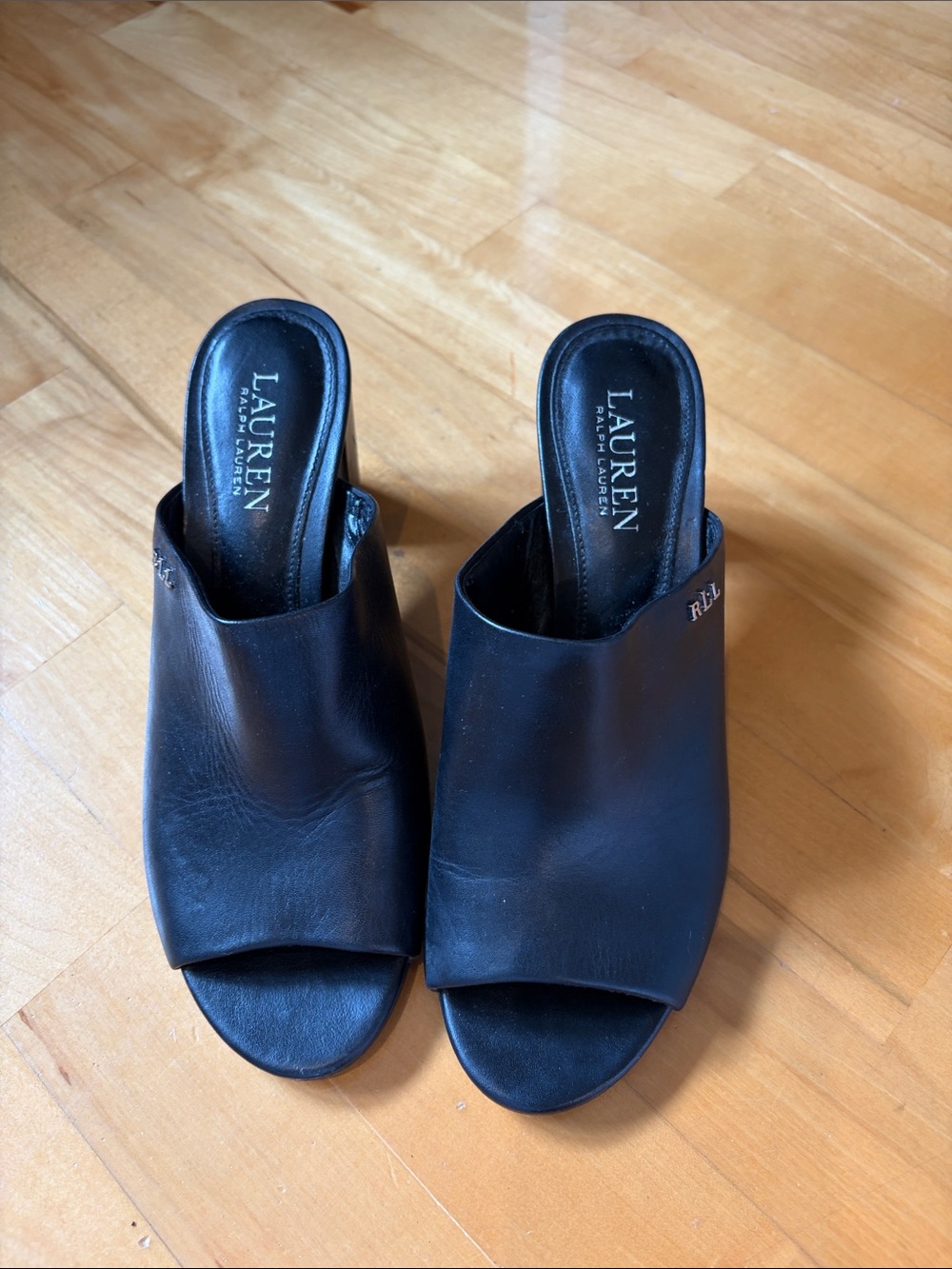 Lauren Ralph Lauren Black Leather Open-Toe Mule Slides